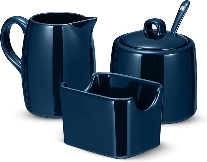KooK Sugar and Creamer Set, 3 Piece, Pitcher, Sugar Bowl with Lid and Spoon, Sweetener Holder (Navy)
