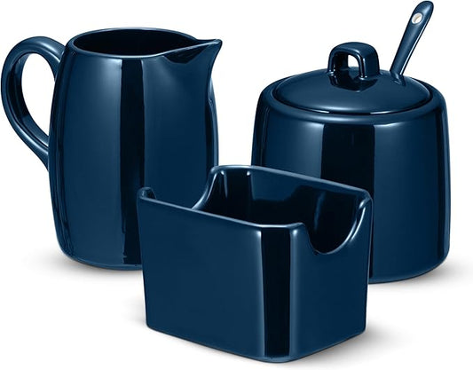 KooK Sugar and Creamer Set, 3 Piece, Pitcher, Sugar Bowl with Lid and Spoon, Sweetener Holder (Navy)