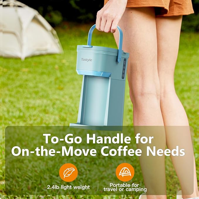 Tastyle Single Serve One Cup Coffee Maker, for K Cups and Grounds, Mini Coffee Maker with Portable Handle, 6 to 12 Oz Brew Size, for Travel, Camping, Office, RV and Dorm, 120V, Aqua