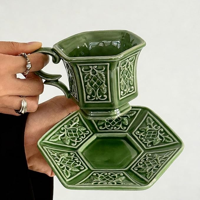 KAMMAK Tea Cups and Saucers Set of 2, Porcelain Coffee Cups, 6-Ounce Stackable Espresso Mugs, Ceramic Demitasse for Coffee, Latte, Americano, Tea, Retro Green