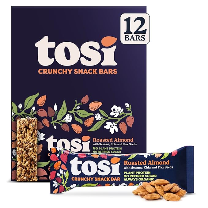 Tosi Nut Bars, Almond, Healthy Snacks for Adults & Kids, Plant Based Crunchy Bars (5G Protein), Organic Keto Snacks, Vegan, Gluten & Soy Free, Low Sugar, Omega 3s, 1oz, 12-Pack
