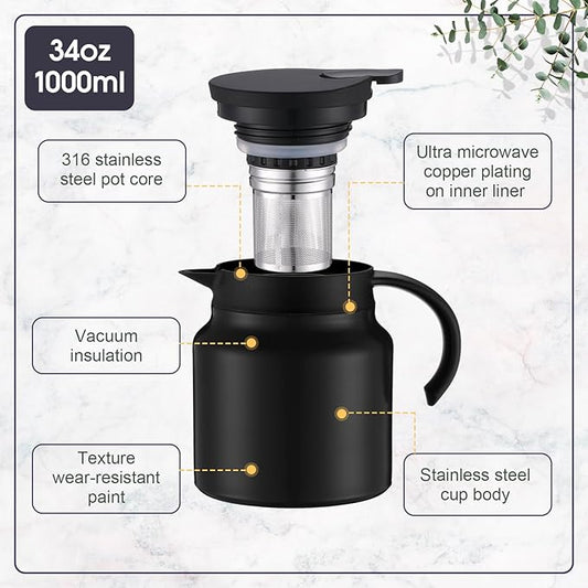 2 Pcs Thermal Coffee Carafe for Keeping Hot/Cold Stainless Steel Small Coffee Creamer Container Double Wall Vacuum Insulated Tea pot Beverage Dispenser for Milk Hot Chocolates(Black,34 oz)
