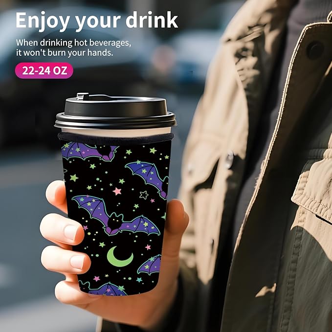 Reusable Neoprene Insulator Sleeve for Iced Coffee Cups, Medium 22-28oz Durable Drink Sleeve for Cold Beverages, Cute Beverage Holder Cup Sleeve for Women Men Cute Black Bats