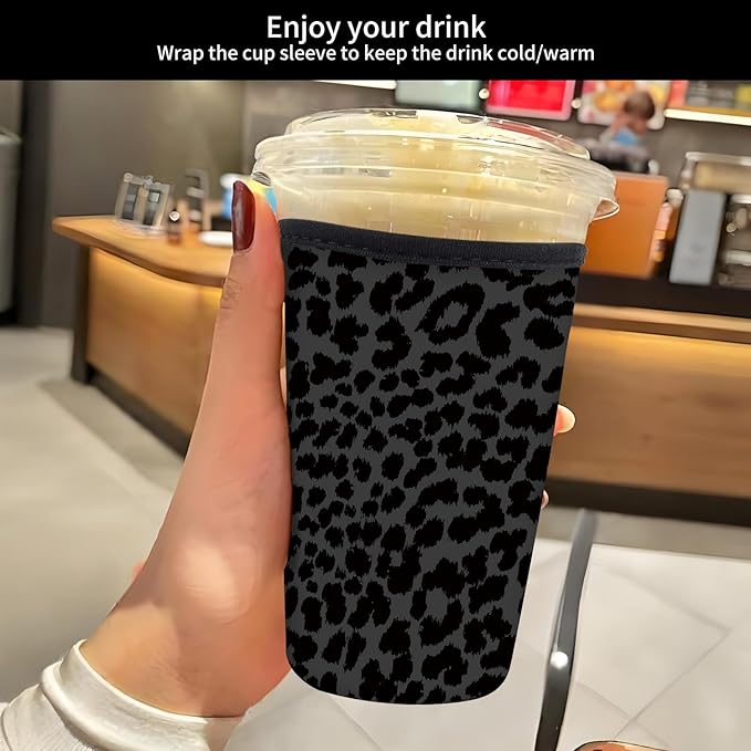 Reusable Neoprene Insulator Sleeve for Iced Coffee Cold Soda Cups, Cute Durable Drink Sleeve for Cold Beverages, Medium 22-28oz Cup Sleeve Luxuious Black Leopard
