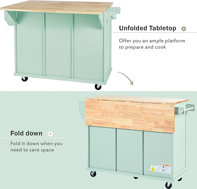 Yayzy Rolling Kitchen Island with Drop Leaf & Cabinet Door Storage Racks, 53” Kitchen Cart with 3 Drawers, Rubberwood Top, Locking Wheels, for Kitchen and Dining Room, Mint Green