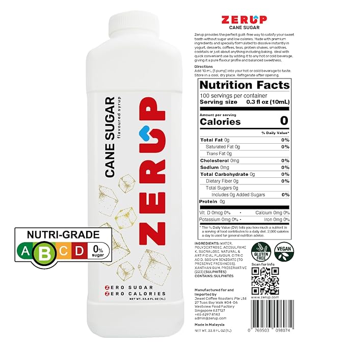 Zerup Zero Sugar Coffeehouse Pack of 4 (Cane Sugar, Cararmel, Hazelnut, Vanilla), Sugar-Free Coffee Barista Syrup, Zero Calories and Sugar, Keto Friendly, Ideal for Lattes, Cappuccinos, Espresso, Americano, Indulgent Taste 33.8 Oz (1L)