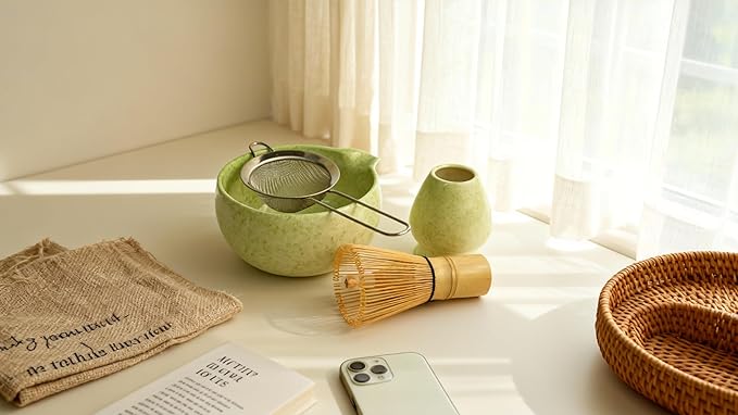 Japanese Matcha Tea Ceremony Set - 7 Piece Complete Matcha Whisk Set with Ceramic Bowl, Bamboo Whisk (Chasen), Sifter & Accessories - Green