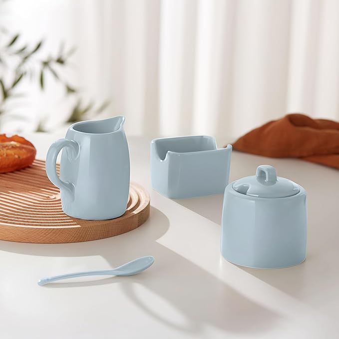 KooK Sugar and Creamer Set, 3 Piece, Pitcher, Sugar Bowl with Lid and Spoon, Sweetener Holder, Casper Blue