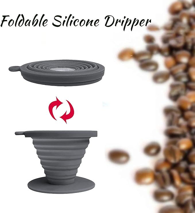 Collapsible Coffee Dripper Pour Over Coffee Filter, Silicone Reusable Coffee Maker,Paperless Coffee Brew Maker,Dishwasher Safe,Carabineer for Hiking, Backpacking,Camping,Home,Office(Grey)