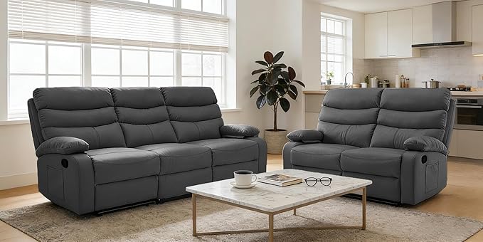 Reclining Couch Sofa Set Leather Recliner Couch Sofa and Loveseat Sets for Living Room, RV, Theater Seating(3 Seat Sofa+Loveseat,Grey)