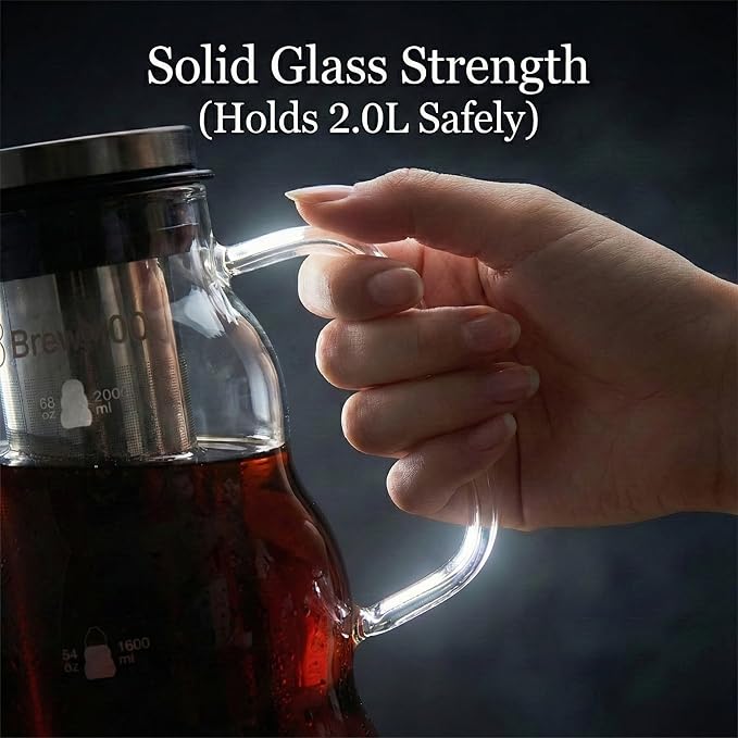 BrewMOO- Cold Brew Coffee Maker (2.0L/68Oz), Sleek Wave Borosilicate Glass Pitcher with Stainless Steel Filter, Airtight Lid + Wide Spout + Comfort Handle, Effortless Manual, Sophisticated Gift