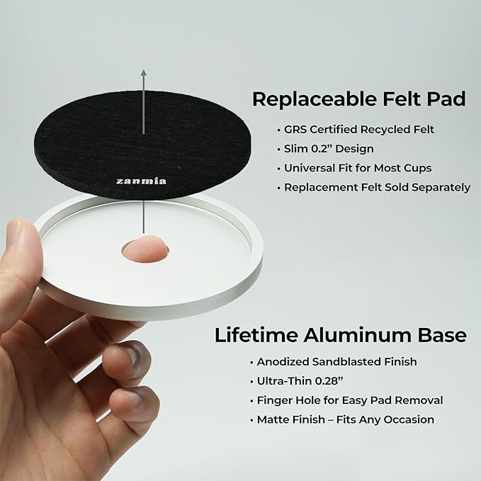 Absorbent Coasters with 1 Aluminum Base & 3 Felt Pads - 4 Inch, Replaceable Inserts, Non-Slip Metal Coaster for Hot/Cold Drinks, Home/Office/Bar Use (Carbon Black)