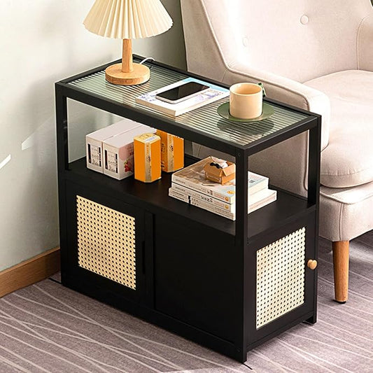 Side Table Glass Top Movable End Table Coffee Station Table, MDF Coffee Bar Stand Cart with Storage Coffee Table on Wheels,for Home Kitchen, Entryway, Living Room,Dining Room(Black)