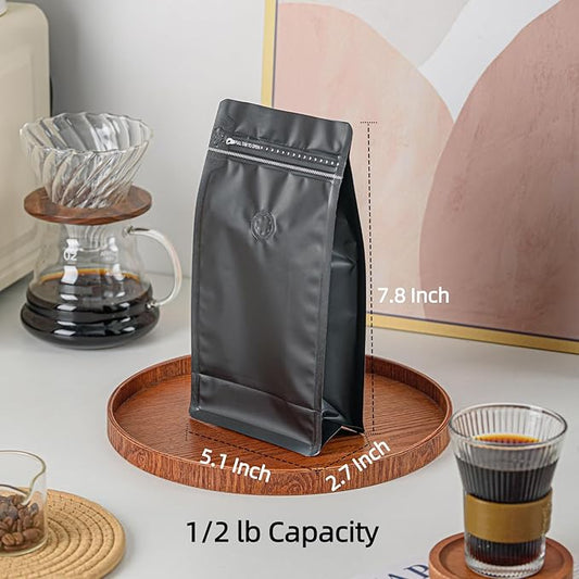 50 Pcs 0.5lb Balck Long Coffee Bean Bags with Valve, Easy Tear Open & Repeating Sealed Zipper, Heat-Seal Stand Up & Flat Bottom Coffee Bag, 8oz Capacity 5.1x7.8 Inch