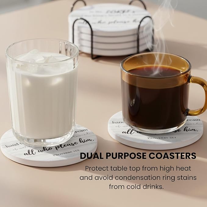 Christian Coasters Set of 6 with Holder– Ceramic Absorbent Drink Coasters for Coffee Table Desk, Modern Cute Moisture Absorbing Coasters, Christian Gifts Alternative to Cork, Silicone or Glass Coaster
