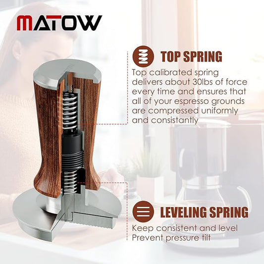 MATOW 58.5mm Espresso Hand Tamper, Dual Calibrated Spring Loaded Coffee Tamper with Stainless Steel Ripple Base, Pro-barista 30lbs Espresso Tamper with Red Rosewood Handle Fits 58mm Portafilter
