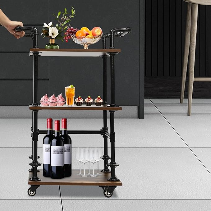 Industrial Bar Cart with Wheels, 3-Tier Rolling Kitchen Cart with Storage, Mobile Serving Cart for Wine Tea Liquor, Vintage Style for Home Bar Cafe