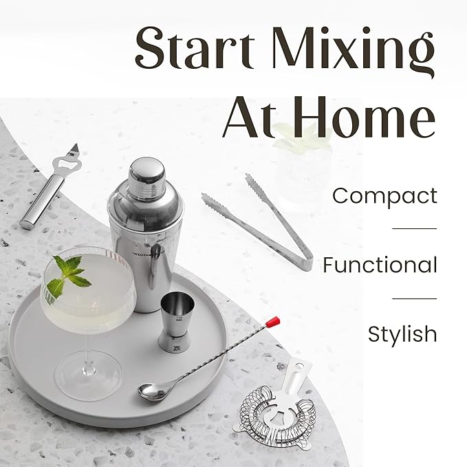 Modern Mixology Cocktail Shaker Set - 8 Piece Bartender Kit on Quality Pine Stand | Complete Cocktail Kit Gift Set | Top Bartender Gifts for Men | Leak Proof Design (Silver)