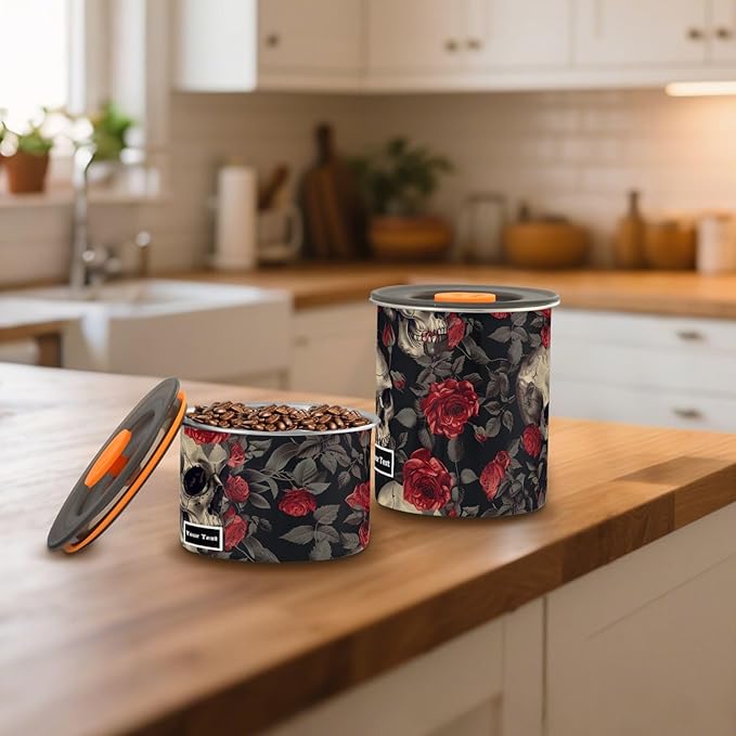 ALAZA Skull Red Rose Flower Floral Kitten Cats Airtight Coffee Bean Canister Customed 900ml Food Storage Containers with Lids For Gournd, Tea, Sugar, Flour, Rice, Cereal, Candy Cookie Jar
