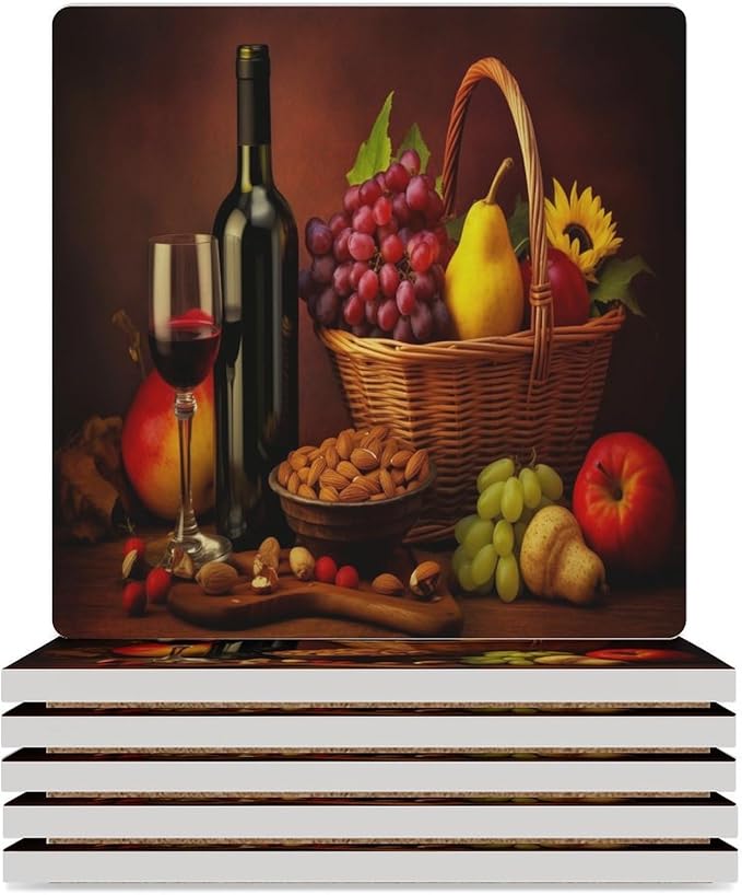 Square-6PCS Red Wine Drink Coasters, Square Modern Ceramic Absorbent Coasters, Retro Red Wine Bottle and Grapes Fruit Basket Pattern Decor Desk Coffee Table Coaster for Beverage Cup Tea Coasters