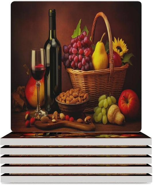 Square-6PCS Red Wine Drink Coasters, Square Modern Ceramic Absorbent Coasters, Retro Red Wine Bottle and Grapes Fruit Basket Pattern Decor Desk Coffee Table Coaster for Beverage Cup Tea Coasters