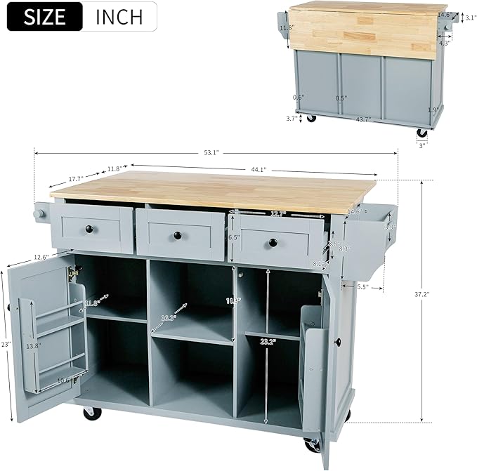 Yayzy Rolling Kitchen Island with Drop Leaf, Cabinet Door Storage Racks & 3 Drawers, Mobile Kitchen Cart with Rubberwood Top & Locking Wheels for Dining Room & Kitchen, 53-Inch, Grey Blue