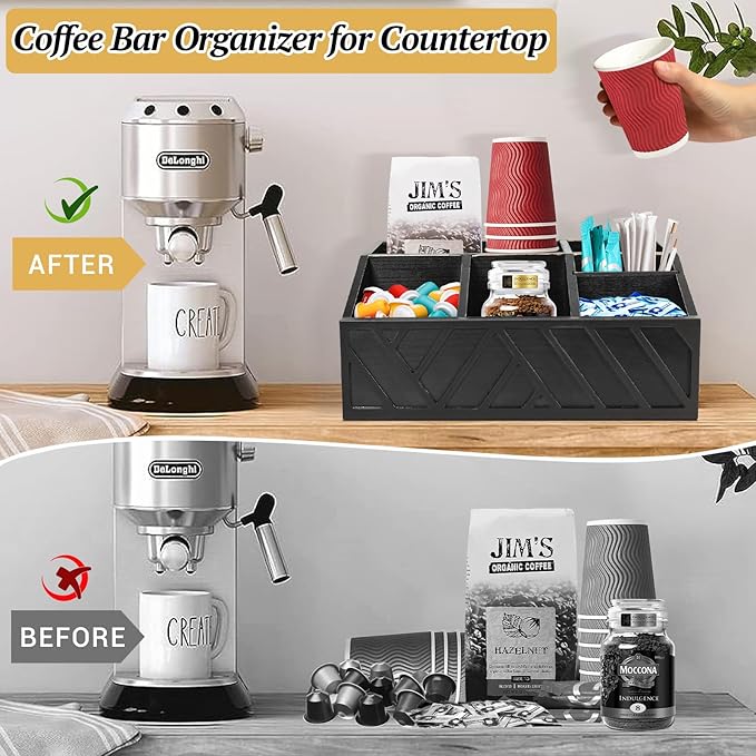 ugiftt Coffee Station Organizer for Counter, Wood Coffee Pods Holder Storage Basket, Tea Condiment Storage Organizer, Rustic Bar Decor for Accessories Organizer