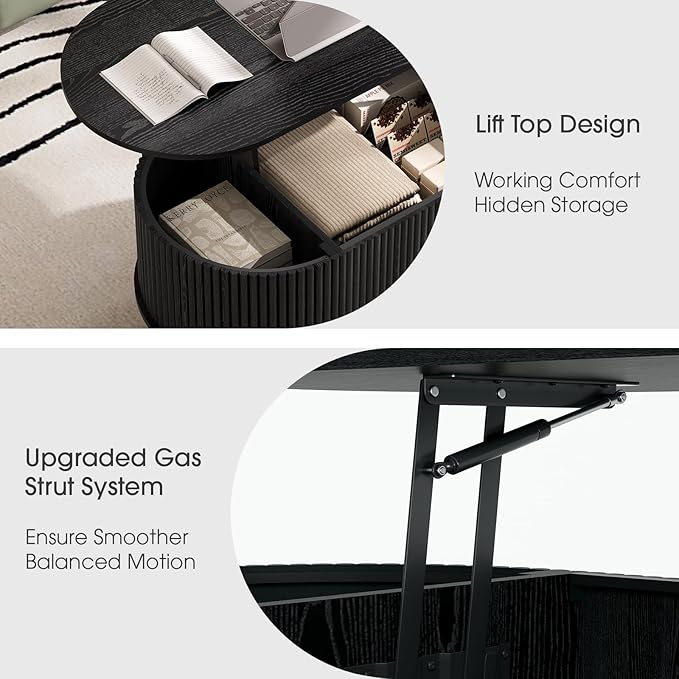 42.5" Oval Lift Top Coffee Table with Storage,Modern Black Center Table with Fluted Design, Solid Wood Legs & Hidden Compartment, Pop Up Cocktail Table for Living Roomm