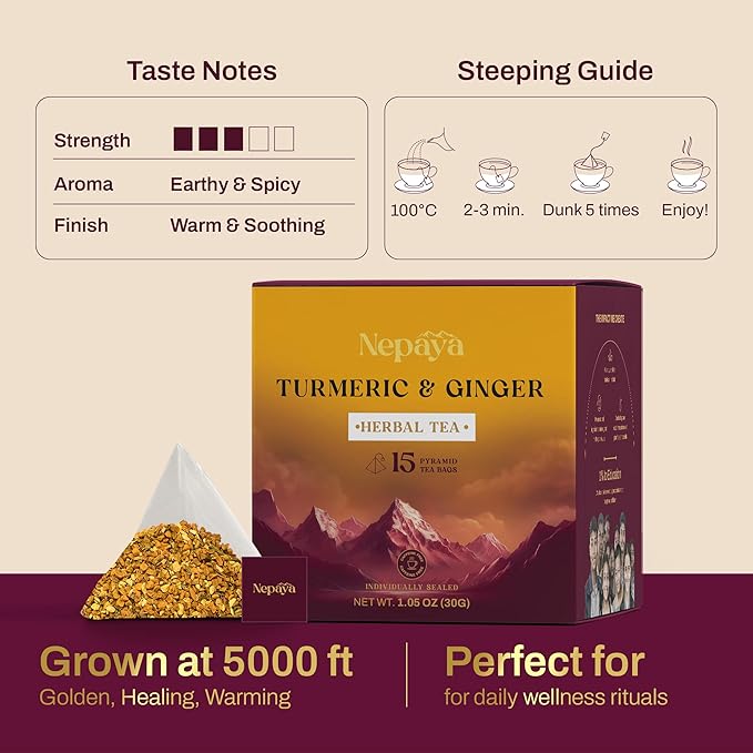 Nepaya Turmeric Ginger Herbal Tea – 15 Pyramid Tea Bags, Biodegradable, Caffeine-Free, Warm & Spicy, Himalayan Blend, Gluten-Free