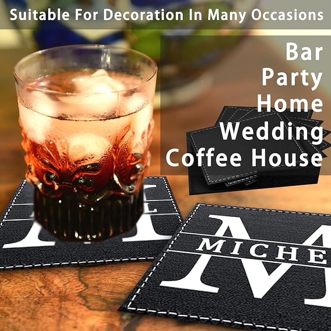 Personalized Coasters, Custom Set of 6 Leather Coaster for Drinks with Holder, DIY Name/Photo/Logo, Non-Slip, Heat Resistant, Waterproof for Coffee Table Bar Beer Wine Cup Housewarming