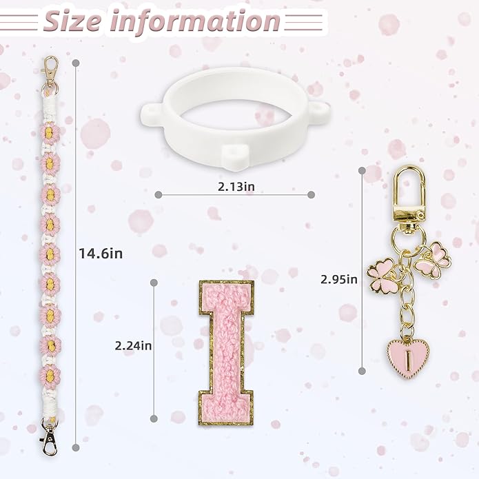 Compatible with Owala Water Bottle Accessories, Cute Letter Charm Set with Boho Handle Strap, Monogram Sticker, Silicone Ring, Keychain Decoration, for FreeSip 24 32 40oz, Owala Kids, Tumbler Gift