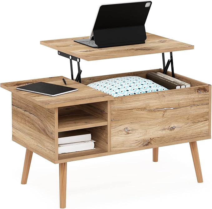 Furinno Jensen Living Room Wooden Leg Lift Top Coffee Table with Hidden Compartment and Side Open Storage Shelf, Flagstaff Oak