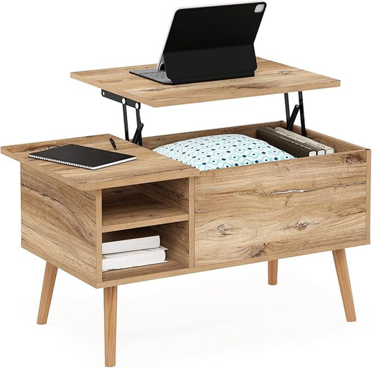 Furinno Jensen Living Room Wooden Leg Lift Top Coffee Table with Hidden Compartment and Side Open Storage Shelf, Flagstaff Oak