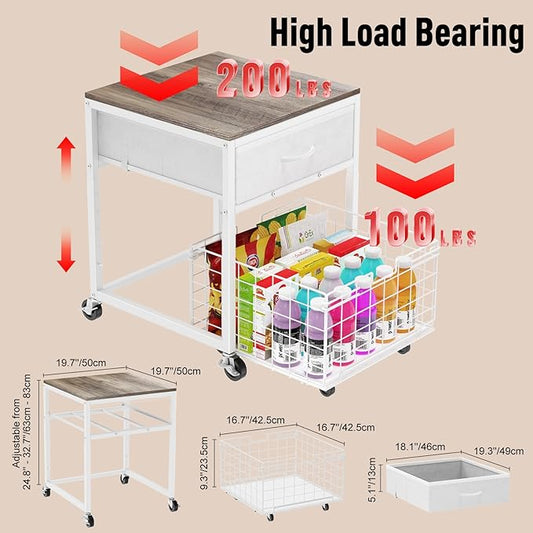 Housolution Mobile Mini Fridge Stand with Storage, Height-Adjustable Mini Beverage Fridge Table, Coffee Bar, 200 lbs Heavy-Duty Compact Refrigerator Shelf with Rolling Cabinet for Kitchen Home, White
