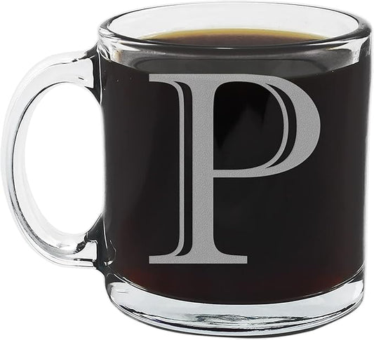 Spotted Dog Company Etched Monogram 12oz Clear Glass Coffee Mug (Letter P), A-Z Customized Coffee Gifts, Custom Engraved Gifts for Women Her, Personalized Gift for Men, Initial