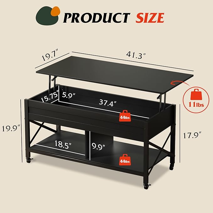 WLIVE Coffee Table, 41.3" Lift Top Coffee Table with 4 Wheels, Hidden Compartment, Storage Shelf and Lift Tabletop for Living Room, Reception Room, Black