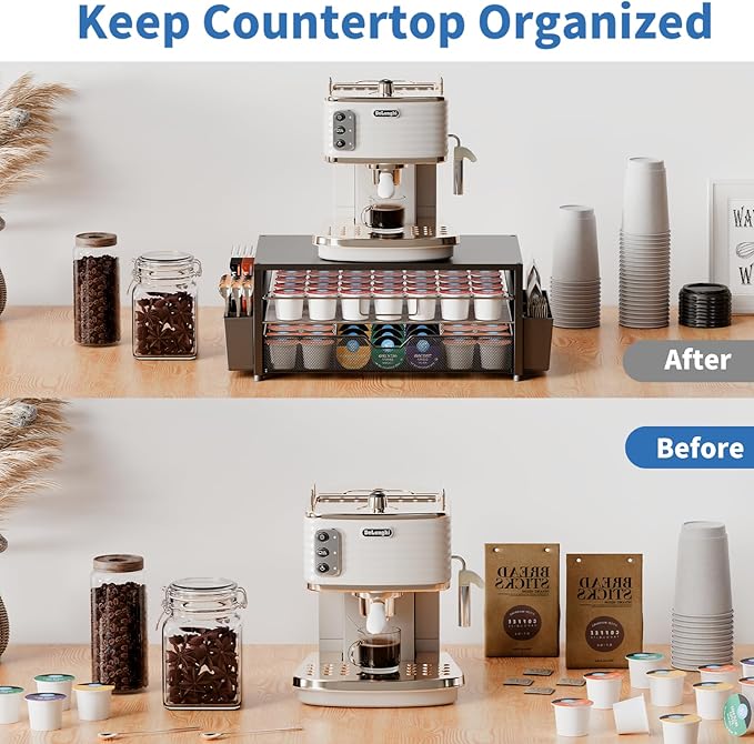 K Cup Holder Organizer, 2-Tier Coffee Pod Holder for 63 Large/80 Small Capsules with Storage Drawer & 2 Accessory Holders, Kcup Organizer for Countertop Coffee Station in Kitchen, Office, Coffee Bar