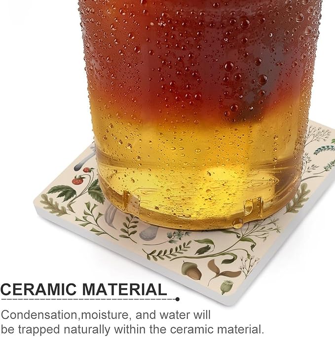 Botanical Drink Coasters, Square Ceramic Drink Coaster Square-4PCS, Nature Cartoon Botanical Leaves Mushroom Plants Pattern Decor Absorbent Ceramic Coasters for Beverage Cup, Bar, Coffee Table