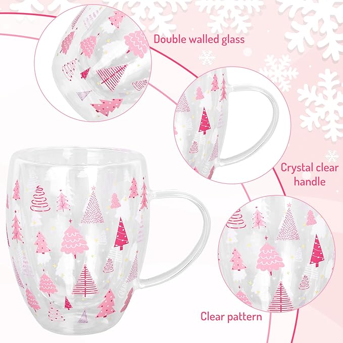 JarThenaAMCS Christmas Double Wall Glass Coffee Mugs 12oz Cute Pink Xmas Tree Insulated Glasses Clear Espresso Cups with Handle for Home Holiday Supplies, Set of 2