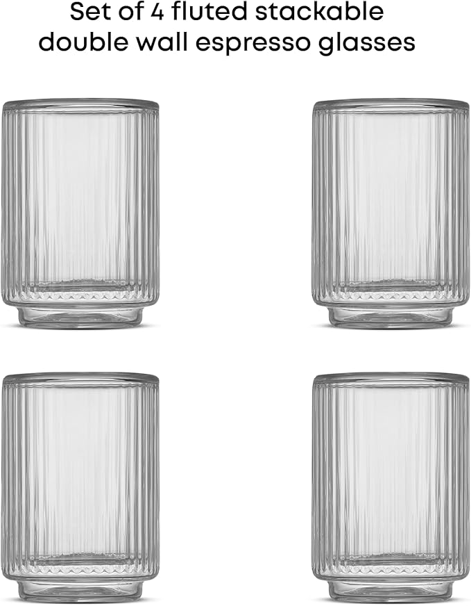 JoyJolt Haven Fluted Stackable Espresso Cups Set of 4, 2.5oz Ribbed Double Wall Glasses, Stacking Insulated Coffee Cup Set, Small Glass Coffee Cups for Espresso Machine Accessories