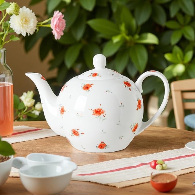 30oz FLoral Porcelain Teapot (4 Cups) - Elegant Ceramic Tea Pot with Vibrant Roses, Ideal for Loose Leaf & Bagged Tea, Dishwasher Safe