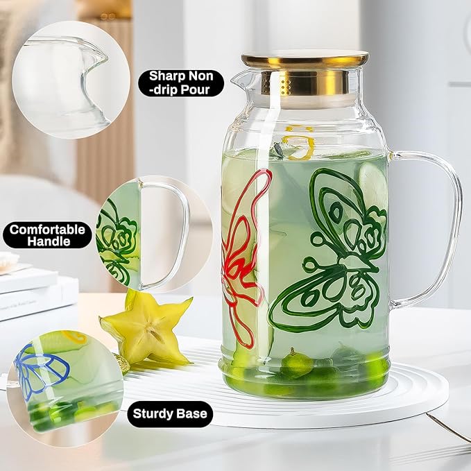 Glass Pitcher with Lid and Handle,2 PACK 68 oz/2 Liter Vintage Hand Painted Butterfly Design Fridge Water Pitcher, Borosilicate Glass Water Carafe for Hot/Cold Water Iced Sun Tea,Heat Resistant