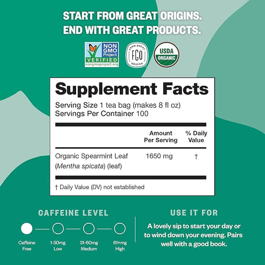 FGO Organic Spearmint Leaf Tea, 100 Count, Eco-Conscious Tea Bags, Caffeine Free, Resealable Bag, Packaging May Vary (Pack of 1)