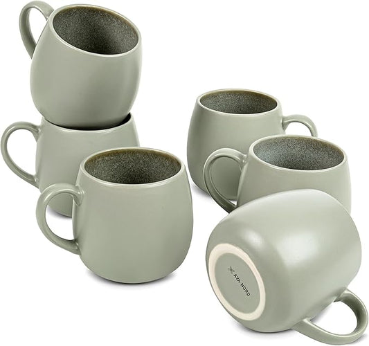 Ceramic Coffee Mugs Set of 6, 14oz - Modern Scandinavian Aesthetic Cup- Microwavable Stoneware Coffee Cups with Comfortable Handle - Tea Mug Set for Latte, Cappuccino, Soup - Soft Sage Green