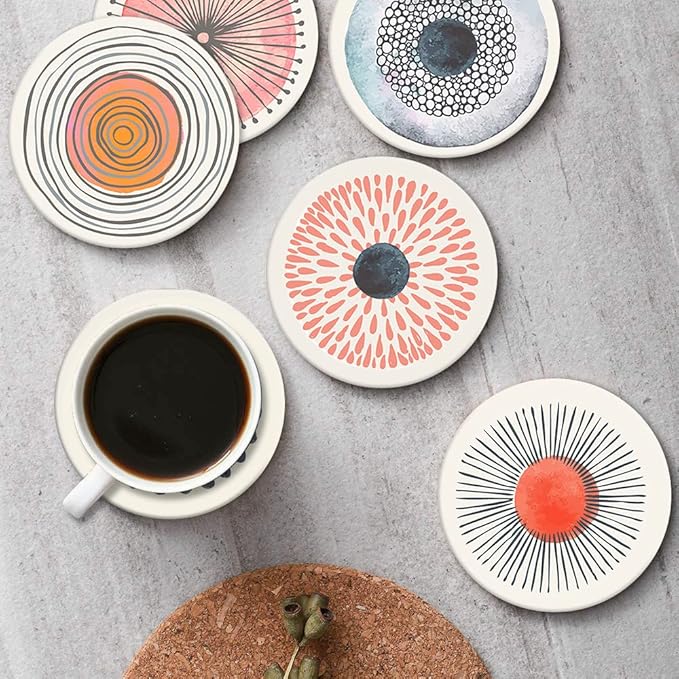 Britimes Coaster for Drinks Set of 6, Watercolor Doodle Circles Flower Absorbent Round Ceramic Stone Mat, with Cork Base and Metal Holder, Gift for Housewarming Room Bar Decor