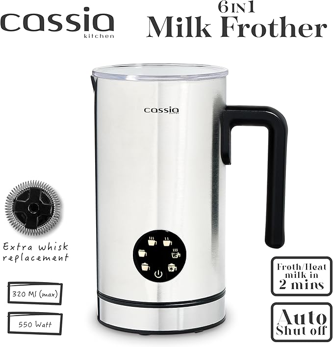 Cassia Electric Milk Frother with 5-in-1 Functions – Hot & Cold Foam, Chocolate & Milk Warmer – 550W, Digital Touch Screen Control, 160ML Frothing & 300ML Heating Capacity, Stainless Steel