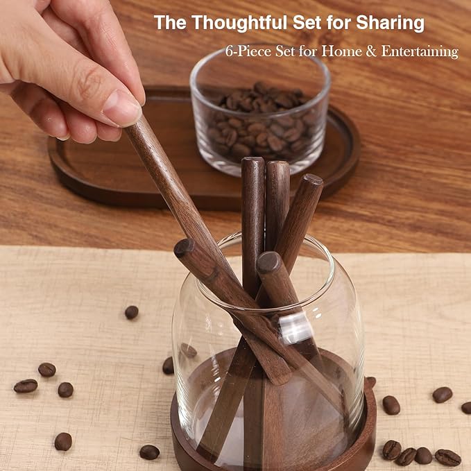 FEUNLEM Black Walnut Wood Coffee Stirrers, 6Pcs 6 Inch Reusable Stir Sticks for Coffee, Tea, Milk, Espresso, Peanut Butter Spreader, Multifunctional Wooden Stirrers with Smooth Finish (Brown, 6pcs)