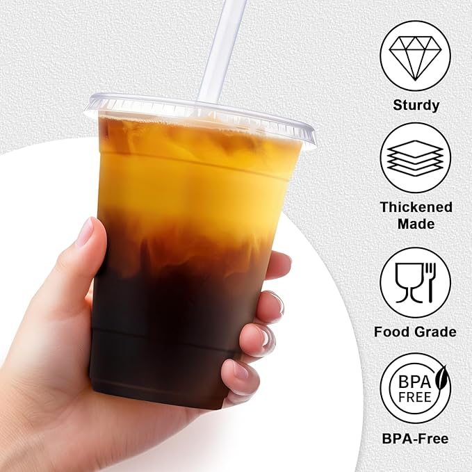 Clawsoff 16 oz 100 Pack Plastic Cups with Lids and Straws, Sturdy Food Safe Iced Clear Coffee Cups Disposable Smoothie Cups for Cold Drinks
