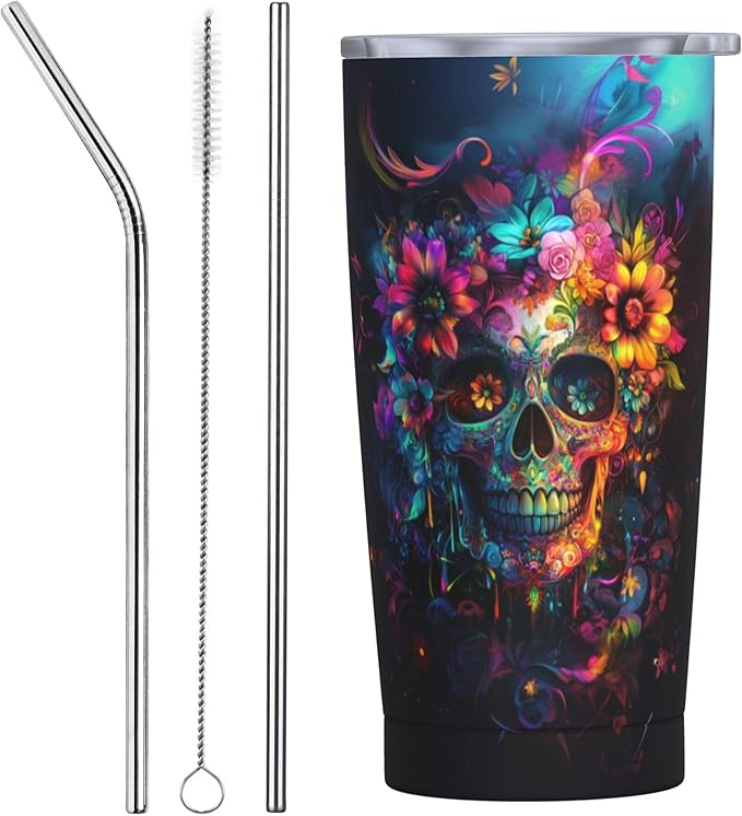 Skull Tumbler with Lid and Straw 20oz Coffee Tumblers Leakproof Stainless Steel Travel Mug Vacuum Insulated Cup for Iced and Hot