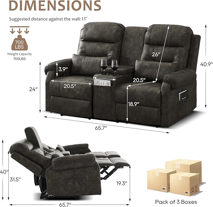 DRMBOOK RV Loveseat Recliner Sofa with Console, Faux Leather Double Wall Hugger Reclining Couch Manual Home Movie Seating 2 Person Recliner Chair with Cup Holders/Storage/Pocket/Pillow, Black&Grey